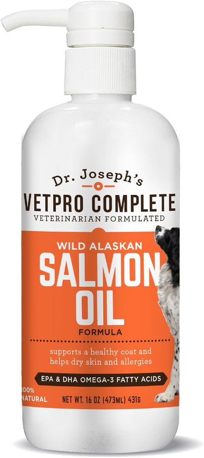 VetPro Complete Wild Alaskan Salmon Oil Formula Supplement for Dogs & Cats, 16 Ounces, Omega 3 & 6 Liquid Fish Oil, EPA + DHA Fatty Acids, Coat & Joint Support, Helps Dry Skin & Allergies, Add to Food