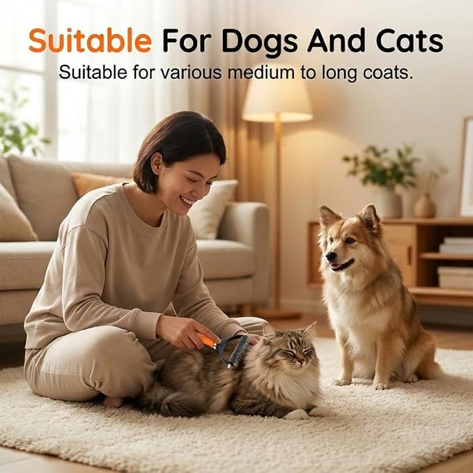2026 Upgrade Double-Sided Pet Grooming Tool, Professional Pet Detangling Comb Removes Tangles Knots and Loose Fur, Gentle Deshedding Dog Cat Brush for Long Thick Hair (Orange)