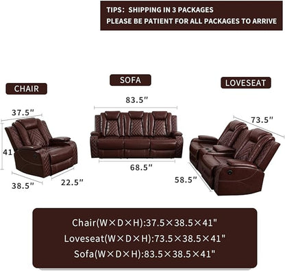 Dekmxas Power Reclining Sofa Set, Leather Recliner, Brown Sectional Power Recliner Living Room Furniture Sets with LED Light, Leather Chair for Living Room Sofa Set for Bedroom/Home/Office