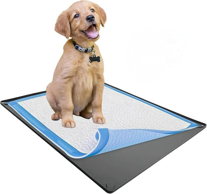 Dog Pee Pad Holder Tray Fits for 24” x 36” Pee Pads - 1 Pack - Grey | Corner Lock Holes, Raised Edges, Non-Spill, Easy to Clean Silicone Dog Potty Tray Holder, For Indoor Floor Protection