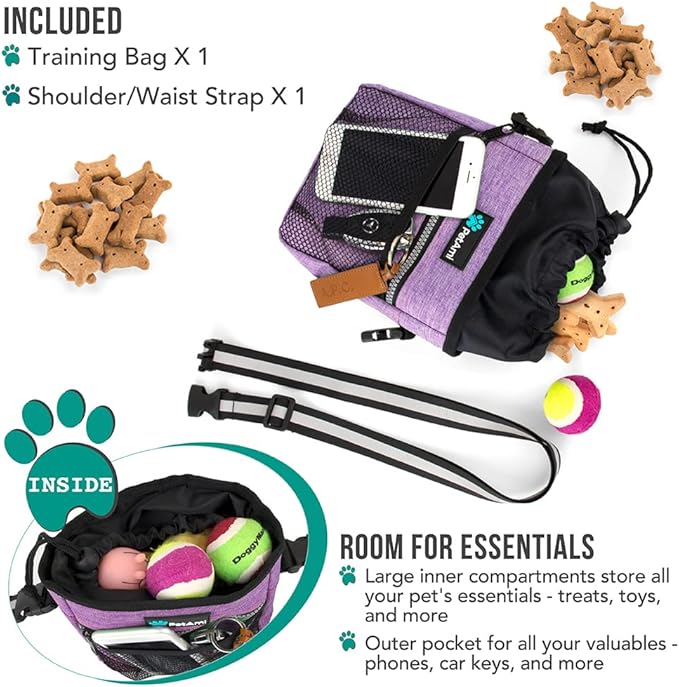 PetAmi Dog Treat Pouch, Pet Treat Pouch for Training, Dog Walking Bag Holder for Kibbles, Pet Food Toy, Dog Trainer Essentials Supplies, Poop Bag Dispenser, 3 Ways to Wear (Purple)