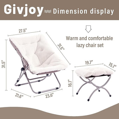 Givjoy Comfy Folded Chair with Ottoman, Oversized Folding Faux Fur Chair Soft Furry Lounge Lazy Chair with Metal Frame Moon Chair Accent Chair for Bedroom, Living Room, Dorm Rooms