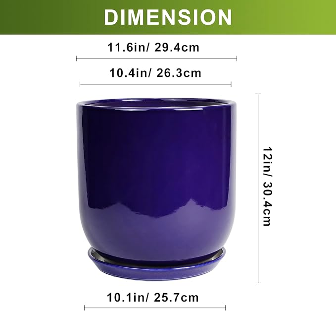 Ceramic Planter - 12 Inch Pots for Plants Ceramic Plant Pot Indoor with Drainage Hole and Saucer Large Planter Flower Pot Outdoor for Home Garden Decor Blue