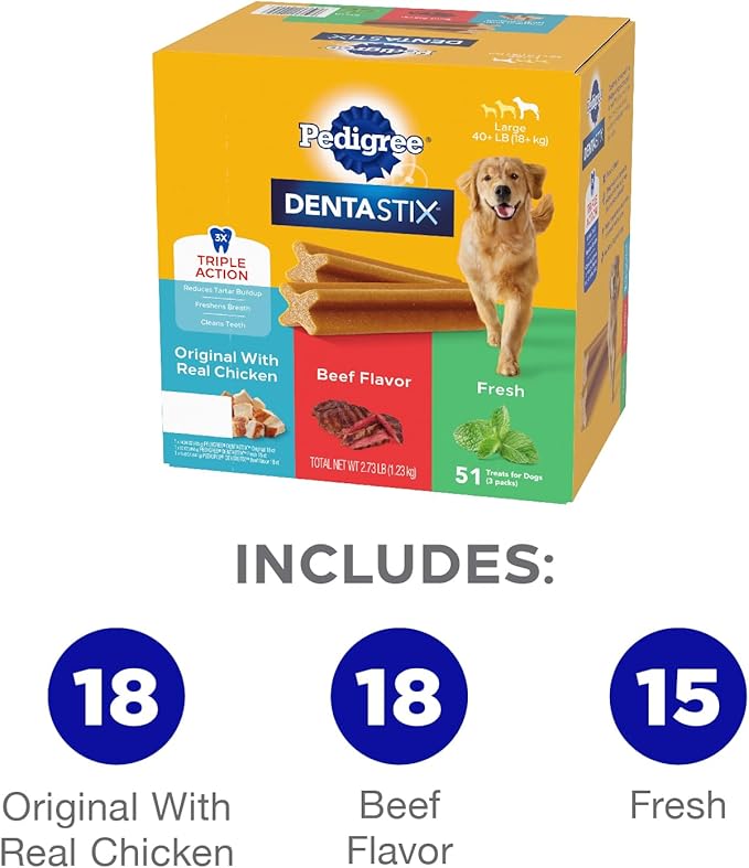 Pedigree Dentastix Large Breed Dog Treats, Original, Beef & Fresh Flavor, 2.73 lb. Variety Pack (51 Treats)