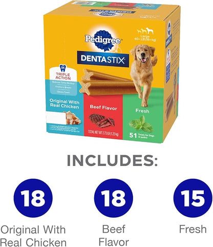 Pedigree Dentastix Large Breed Dog Treats, Original, Beef & Fresh Flavor, 2.73 lb. Variety Pack (51 Treats)
