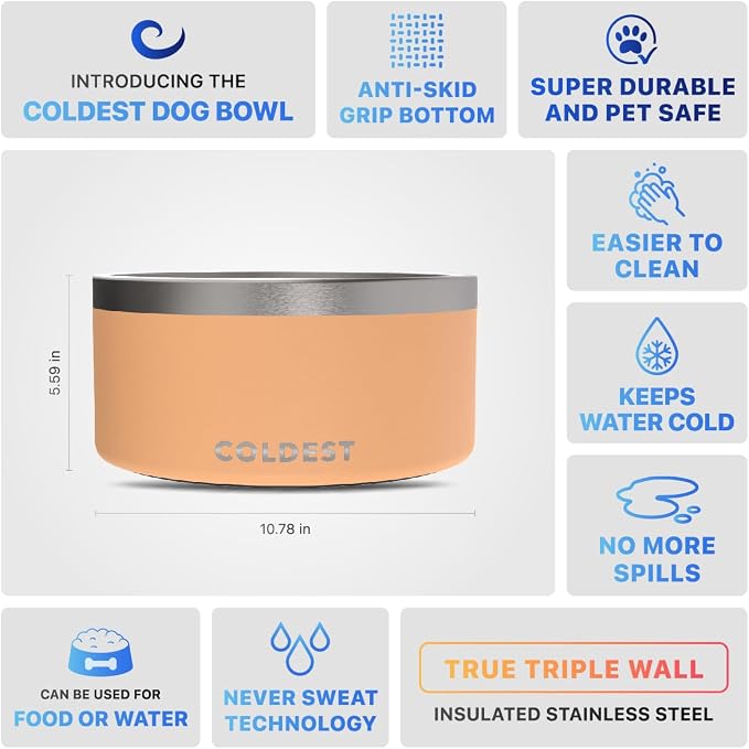 Coldest Dog Bowl - Anti Rust Metal, Non Slip, 3 Layers Insulated Stainless Steel Dog Bowls - Spill Proof & Heavy Duty - Water Bowl for Dogs, Cats & Pets, Dish Washer Safe (200 oz, Sahara Peach)