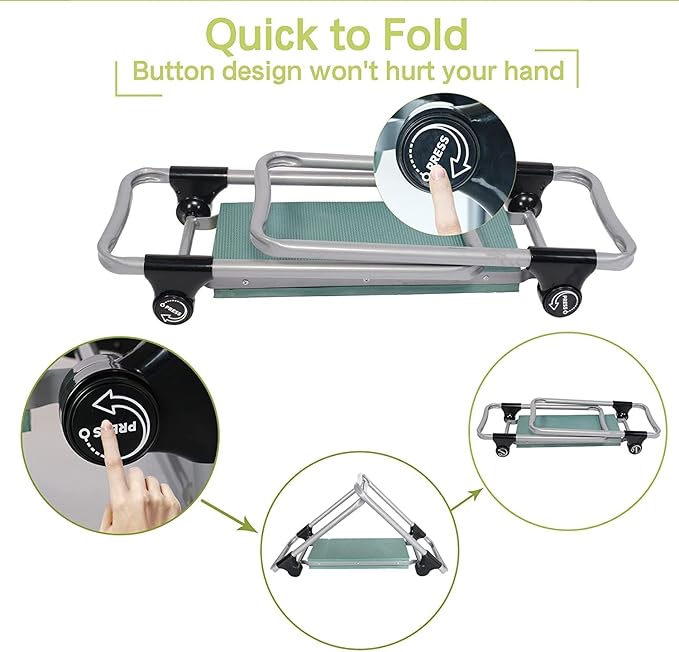 LUCKYERMORE Garden Kneeler and Seat, Button Press Kneeling Bench with Tool Pouch and EVA Foam Pad, Foldable Gardening Stool, Gardening Gifts for Parents Seniors, Lightweight & Heavy Duty
