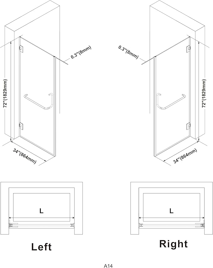 Bathroom Frameless Shower Door 34" W*72" H, 5/16" Clear Tempered Glass Hinged