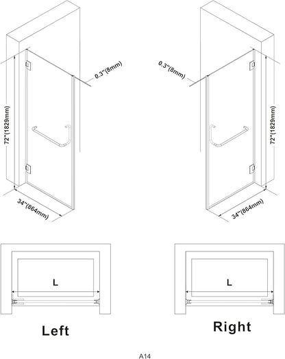Bathroom Frameless Shower Door 34" W*72" H, 5/16" Clear Tempered Glass Hinged