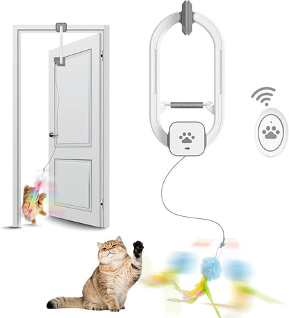 Rechargeable Electric Cat Teaser with Remote – Interactive Door Clip Toy for Cats, 2 Motion Modes (360° Spin & Irregular Jumping), Smart Auto Cat Toy for Exercise & Fun (Gray)