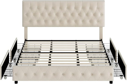 Keyluv Modern Upholstered Bed Frame with 4 Storage Drawers, Button Tufted Headboard Design, Solid Wooden Slat Support, Easy Assembly, Soft Velvet, Beige, King Size