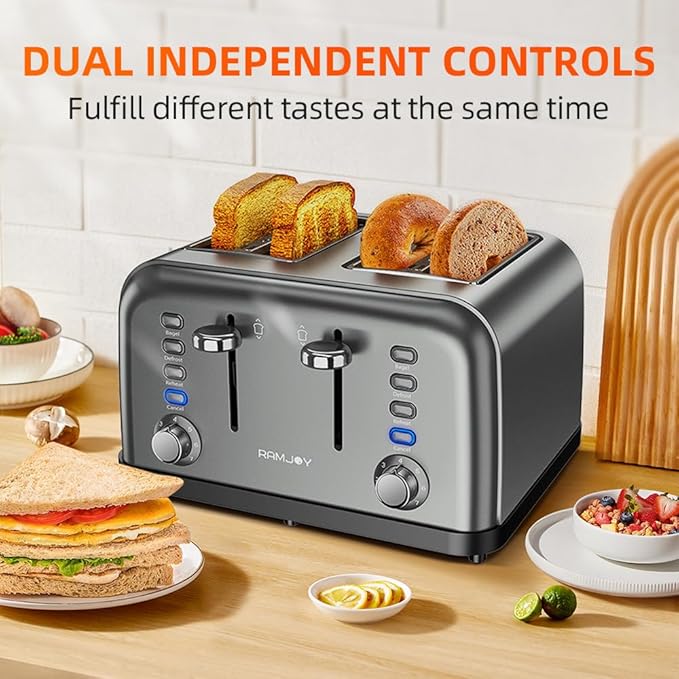 Grey Toaster 4 Slice, Dual Independent Controls, Extra Wide Slot Toasters