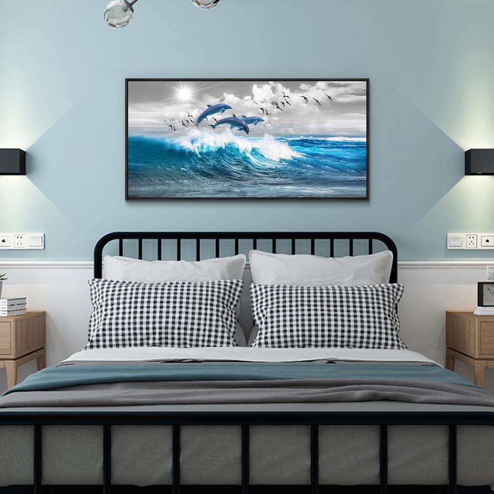 Wapluam Canvas Print Wall Art For Living Room Large Wall Decor For Bedroom Blue Waves Of The Sea Wall Pictures Artwork Modern Office Dolphins Wall Paintings Black Framed Home Decorations Poster