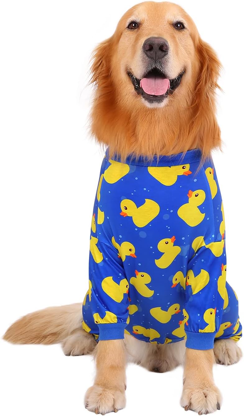 HDE Dog Pajamas One Piece Jammies Jumpsuit Pet Clothes Outfit Stretchy Lightweight Comfy Shirt Pjs for M-3XL Dogs Ducks Blue - 3XL