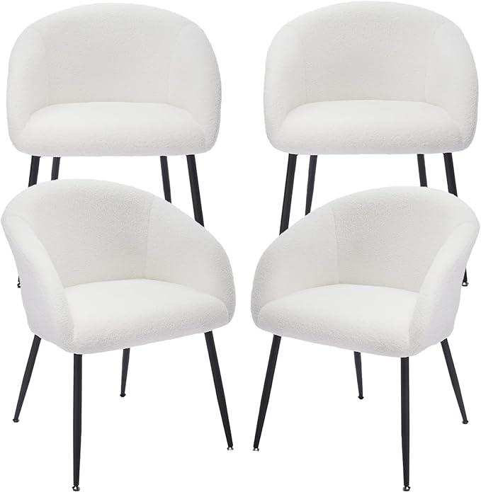 Modern Small Accent Chair Set of 4, Comfy Sherpa Makeup Vanity Chair with Metal Legs, Decorative Dining Chair no Wheels for Living Room, Dressing Room, Bedroom, White