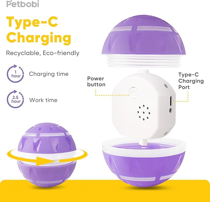 Petbobi Active Rolling Ball for Dogs - 2025 New Upgrade 2 Modes Interactive Dog Toys, USB Rechargeable Motion Activated Self Moving, Durable Pet Ball for Small Medium Large Breeds, LED Light, Purple
