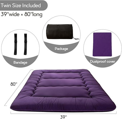 MAXYOYO Japanese Floor Futon Mattress, Roll Up Floor Mattress for Adults Foldable Tatami Mat Sleeping Pad Dormitory Bed Lounger, Purple, Twin Size