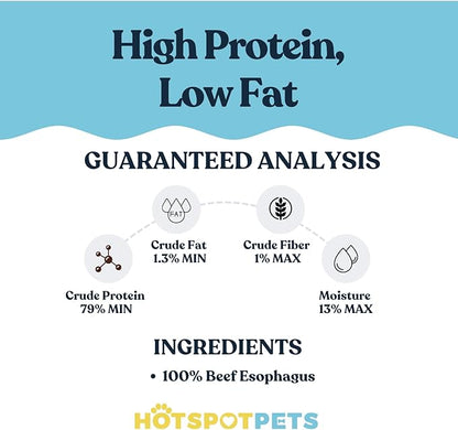 hotspot pets Beef Esophagus Dog Treats (12 Inch Chews- 12 Count) (Grass Fed with No Added Hormone & Antibiotic All Natural Jerky Dog Treats - Chews Rich in Glucosamine & Chondroitin for Joint Health
