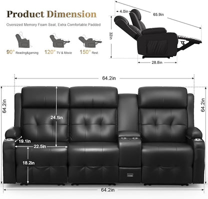 Recliner Sofa, 3 Sets of Massage Reclining 3 Seater Sofa Sets Heavy Weight Capacity, RV Loveseat Couch Clearance with Console, USB, Type C Port, Storage, Cup Holders, Wall Hugger Chair for Living Room