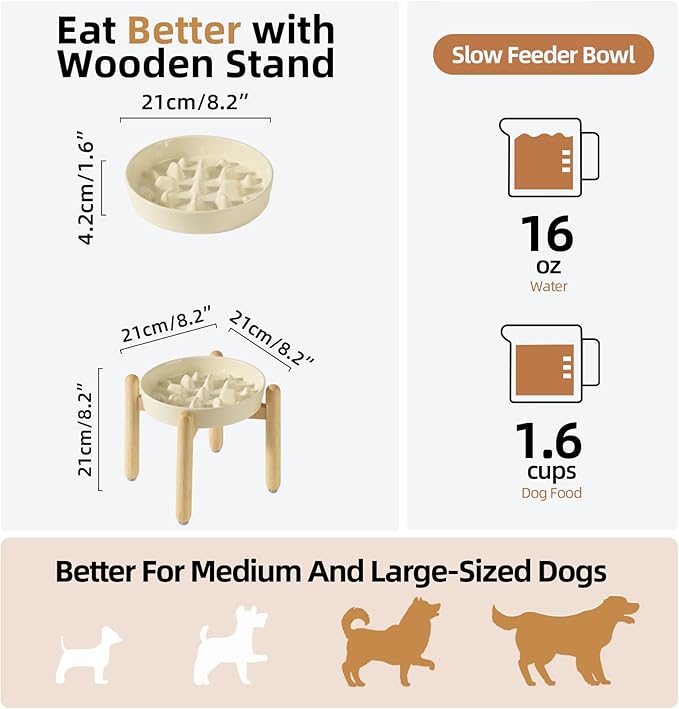 Ceramic 1.6 Cup Dog Raised Slow Feeder Set, Elevated Bowl