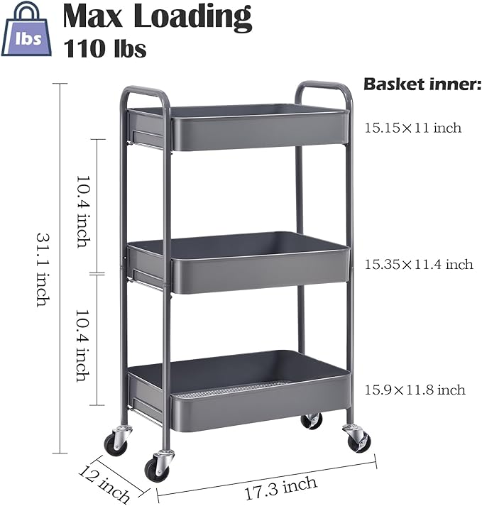 TOOLF 3-Tier Metal Rolling Cart