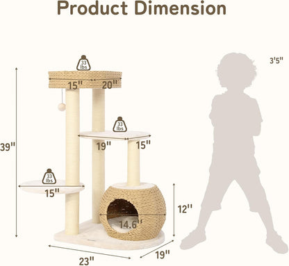 KAMABOKO Modern Cat Tree, 39" Tall Cat Trees for Kittens Climb Play & Rest, Cat-Tree for Indoor Cats w/Natural Sisal Scratching Posts, Hand-Woven Condo & Top Perch