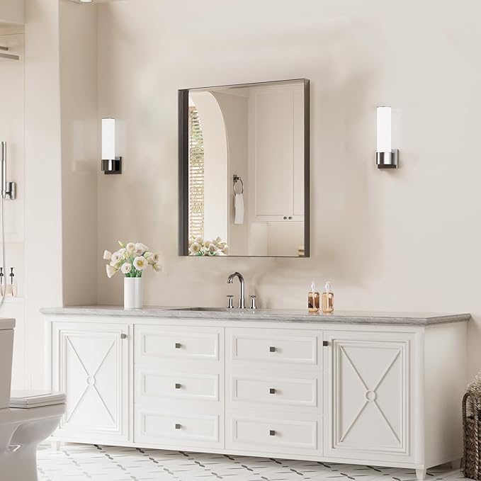 Koonmi 20x30 Inch Black Metal Framed Bathroom Mirror
