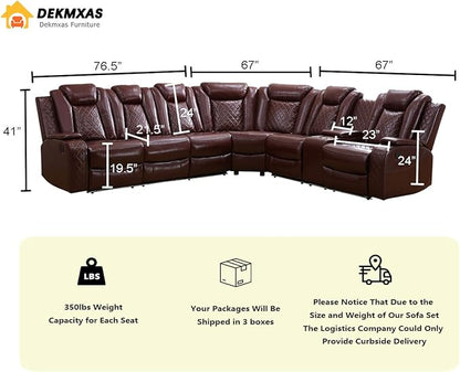 Dekmxas Leather Sectional 3-Piece Living Room Furniture Sets with LED Light, Power Recliner Sectional Sofa, Brown Power Reclining Sofa Couches Set with Cup Holder/Storage Console for Home Theater