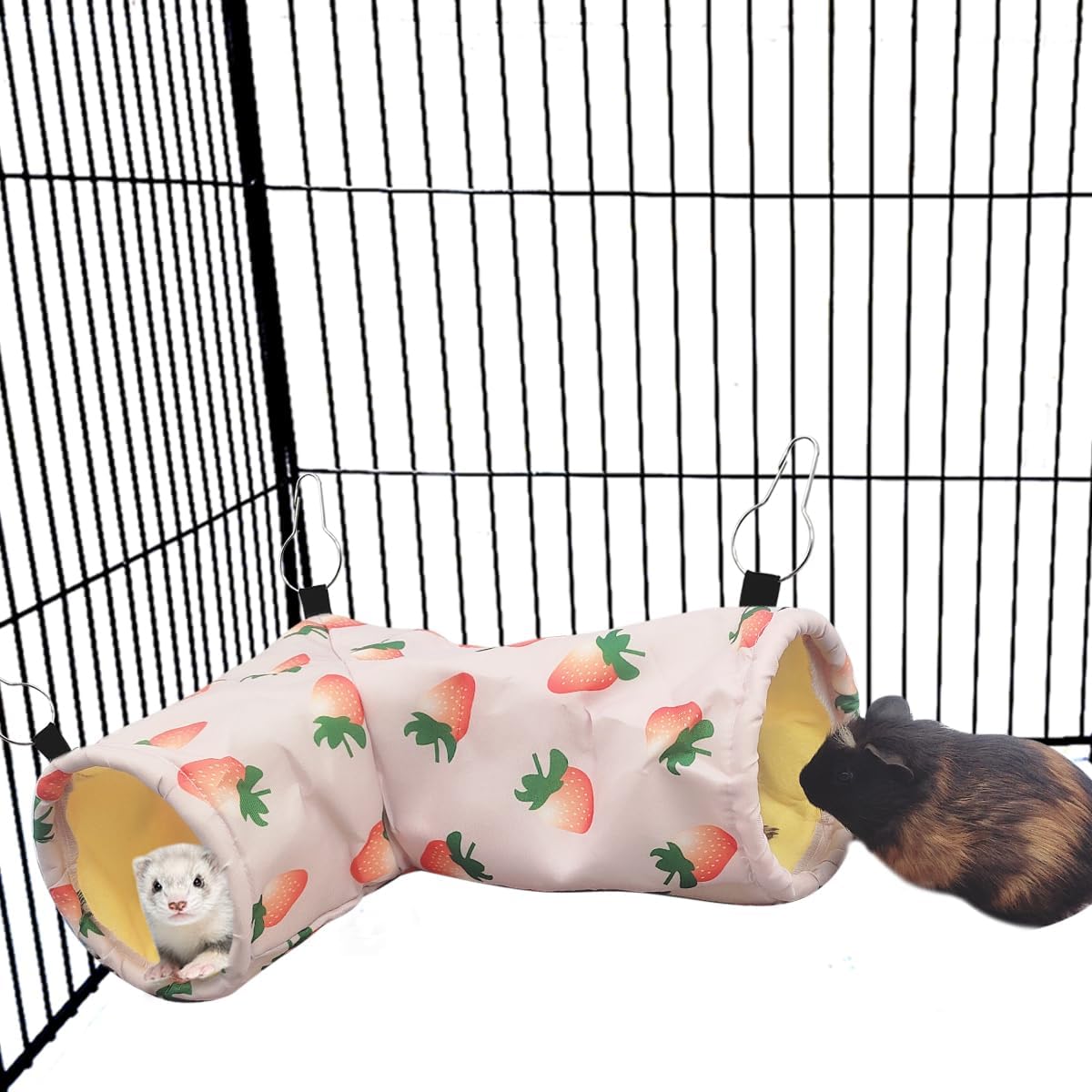 Large Caliber Guinea Pig Hideout & Hammock, Corner Hideout Toy for Guinea Pig, Ferret, Hedgehog, Piggy-2 Tunnel Strawberry