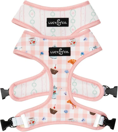 Lucy & Co. Reversible Dog Harness - Water-Repellent Neoprene, Dual-Print Design, Easy Swap Style, Adjustable Comfort Fit - Sipping Slowly Reversible Harness - Small
