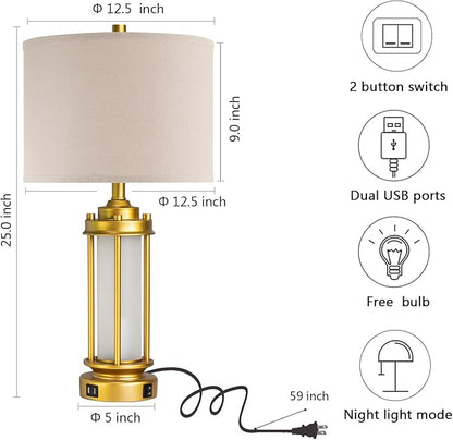 Set of 2 Modern Table Lamps for Living Room, Farmhouse Vintage Bedside Lamp with 2 USB Ports Glass Nightlight, Gold Nightstand Desk Lamps for Entryway Bedroom Dresser, 4 Bulbs Included