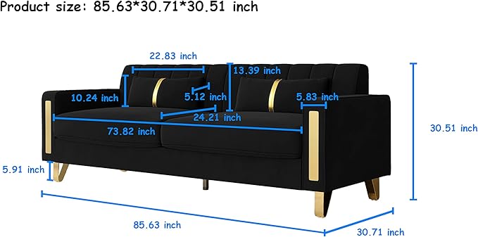 Couch 85.62" 3 Seats Sectional Velvet Fabric Sofa Easy Assemble Sofa Bed with 2 Couch Pillows,Gold Metal Legs for Living Room (P17, Black)