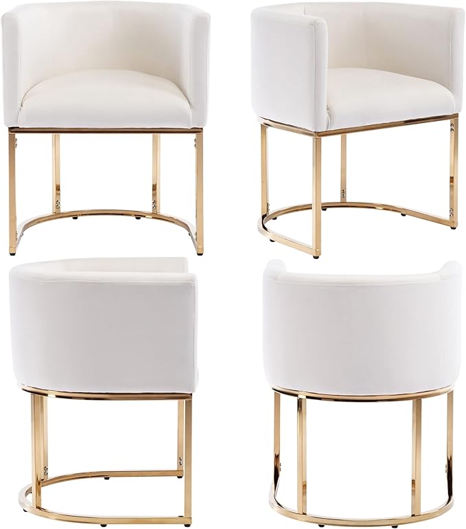 VESCASA Velvet Upholstered Dining Chairs with Barrel Back, Mid Century Modern Padded Restaurant Chairs with Gold Metal Frame for Kitchen, Dining Room, Set of 3, White