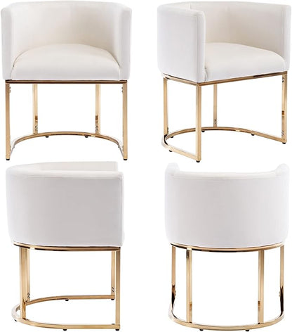 VESCASA Velvet Upholstered Dining Chairs with Barrel Back, Mid Century Modern Padded Restaurant Chairs with Gold Metal Frame for Kitchen, Dining Room, Set of 2, White