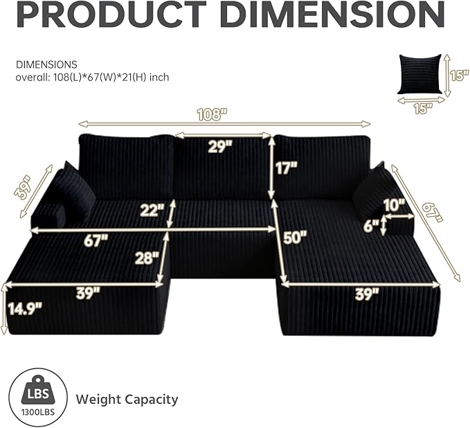 108" U Shaped Sectional Couch with Ottoman, Corduroy Modular Sectional Sofa with Deep Seat, Modern Modular L-Shape Sofa Couch with Chaise,Upholstered Boneless Couches for Living Room Bedroom