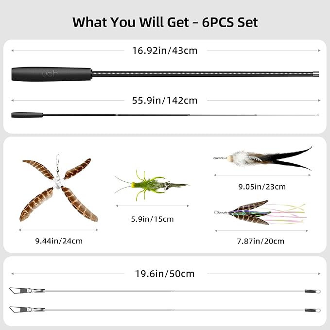 uahpet Natural Feather Cat Toy, Interactive Wand Toy for Indoor Kittens, 60inch Long Cat Fishing Pole Toy for Exercising and Playing, 4Pcs Different Refills and 2Pcs Premium String
