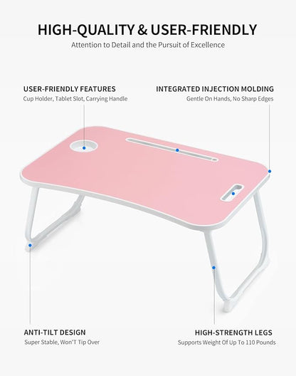 ZEAPTAC Laptop Bed Desk, Foldable Lap Desk, Portable Lap Table, Laptop Stand with Cup Holder & Tablet Slot & Lifting Handle for Working Writing Drawing & Eating - Pink