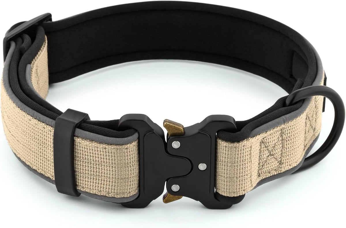 Plutus Pet Tactical Dog Collar, Reflective, Adjustable Heavy Duty Dog Collar, Soft Padded and Comfortable, for Small Medium and Large Dogs (Beige, S)