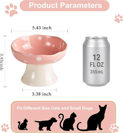 Pink and Blue Mushroom Cat Bowl Set,2PCS Elevated Ceramic Bowls for Cats | Cute Design, Elevated, Ceramic, Whisker Friendly, Dishwasher Safe