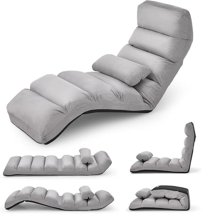 KOMFOTT Foldable Floor Lazy Sofa with Pillow, Indoor Chaise Lounger with 5 Adjustable Positions, Adjustable Back Support & Footrest, Video Gaming Chair for Home, Office, Reading, Watching (Grey)