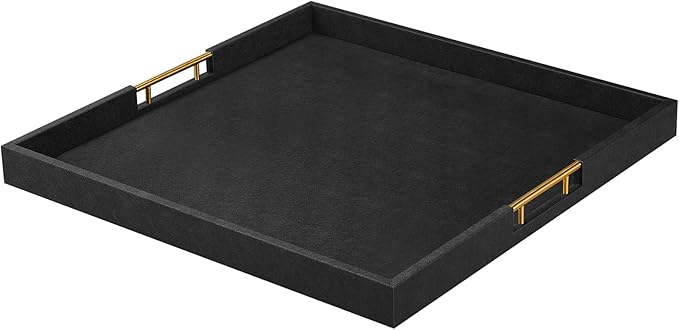 24x24 Inches Extra Large Black Faux Leather Wrapped Wood Ottoman Tray with Golden Handles for Serving Food and Breakfast On Bed, Square Coffee Table Organizer, Home Decor and Decorative