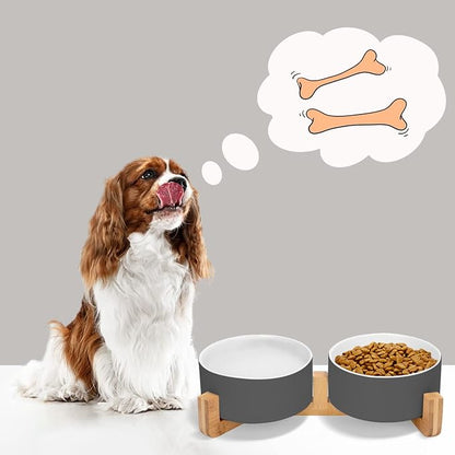 SPUNKYJUNKY Ceramic Dog and Cat Bowl Set with Wooden Stand, Modern Cute Weighted Food Water Set for Small Size Dogs (13.5OZ) & Medium Sized Dogs (28.7OZ) & Cats (3.6 Cups, 2 × White-Grey)