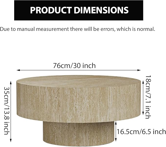 Round Coffee Table, Handcrafted Fluted Drum Coffee Tables Modern Wood Coffee Table Circle Drum Center Table for Living Room, Apartment (Travertine Round)