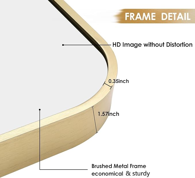 24x32 Inch Gold Bathroom Mirror, Brushed Gold Metal Framed Rectangular Mirror