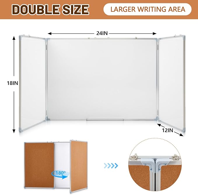 48"x18" Tri-fold Cork Board Whiteboard Combo, Foldable Combination Magnetic Dry