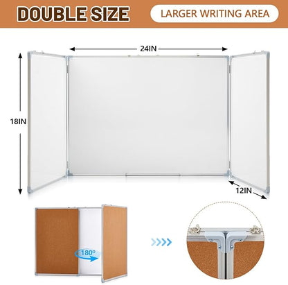 48"x18" Tri-fold Cork Board Whiteboard Combo, Foldable Combination Magnetic Dry