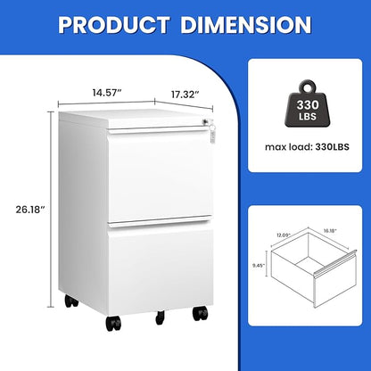 MIIIKO 2 Drawer File Cabinet on Wheels, Home Office Mobile File Drawers Under