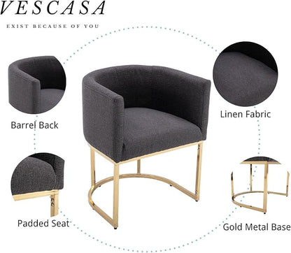 VESCASA Linen Upholstered Dining Chairs with Barrel Back, Mid Century Modern Padded Restaurant Chairs with Gold Metal Frame for Kitchen, Dining Room, Set of 3, Charcoal