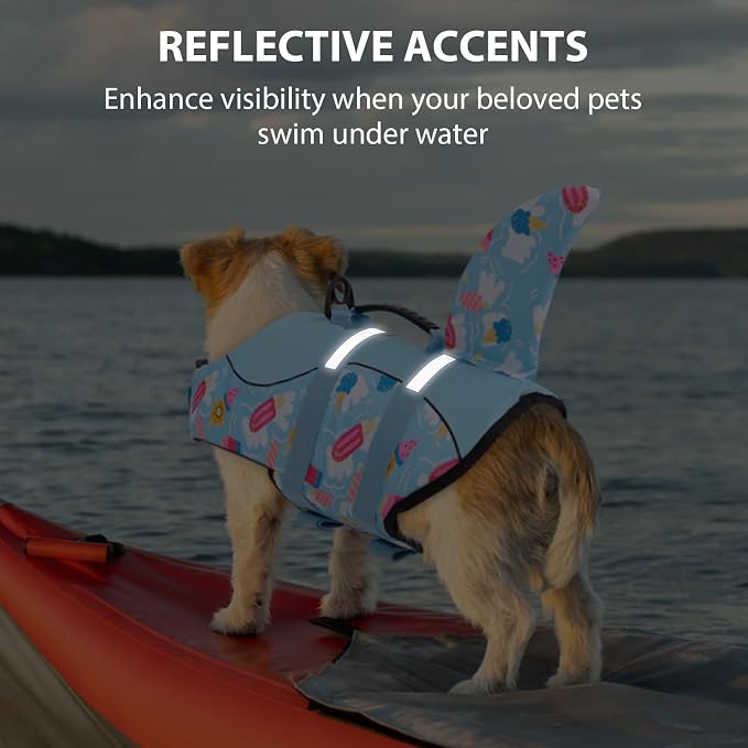Shark Dog Life Vest for Swimming, Boating, Kayaking, Surfing, Canoeing - High Buoyant Dog Life Jacket, Ripstop High Flotation Swimsuit for Small, Medium, Large Dogs (Blue Ice Cream, S)