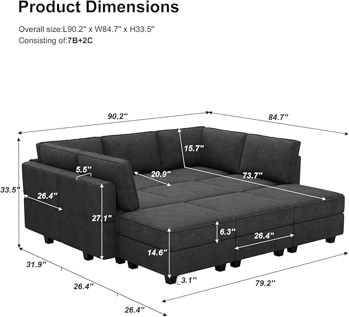 Belffin Modular Sectional Sleeper Sofa Couch with Storage Ottoman Convertible Sectional Couches for Living Room Terry Reversible Chaise. Dark Grey Sofa